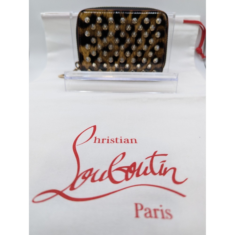 Christian Louboutin Wallet Brown Leopard Zippy Zip Studded Coin Case COA Dustbag